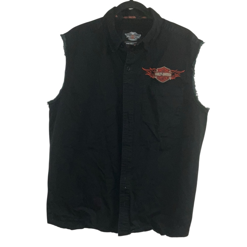Harley-Davidson Sleeveless Button Down Shirt Black Flames Embroidered Men’s L